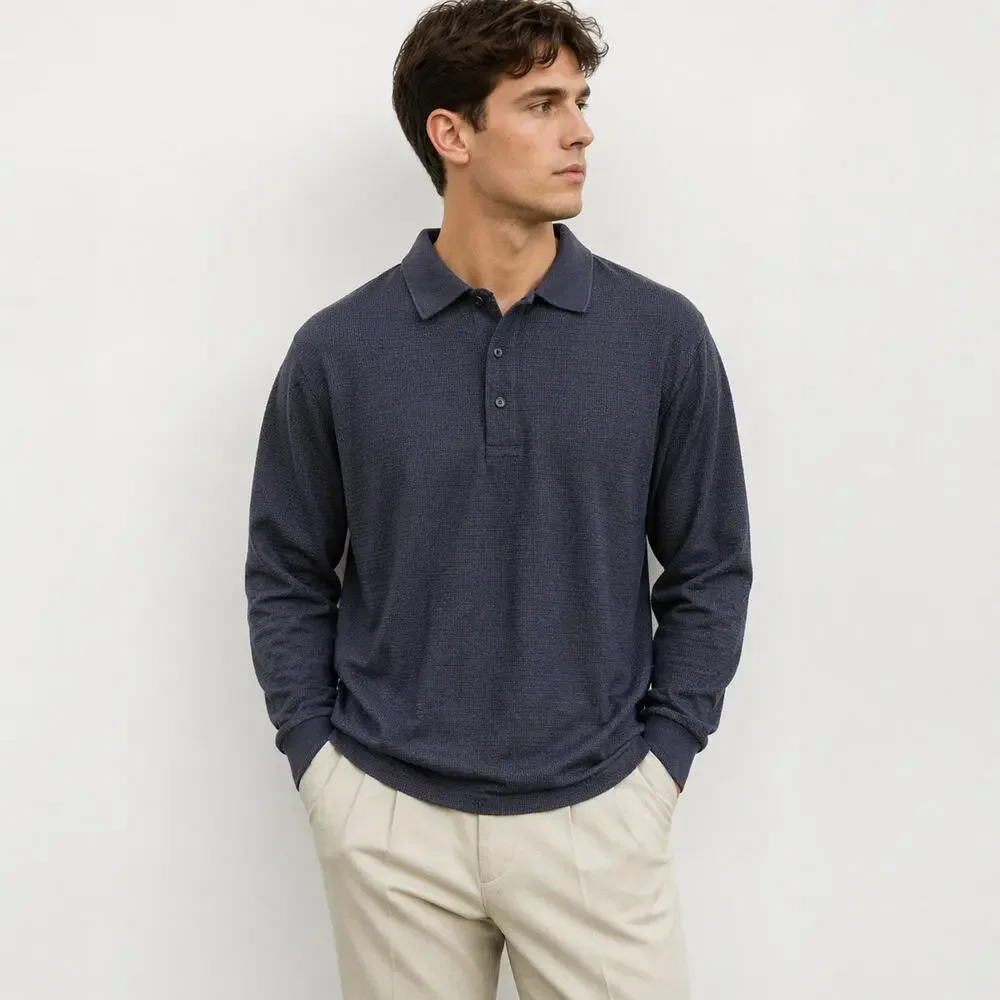 Burberry’s Blue Textured Polo - Size S - Long Sleeve Classic Luxury Style - Picture 2 of 8